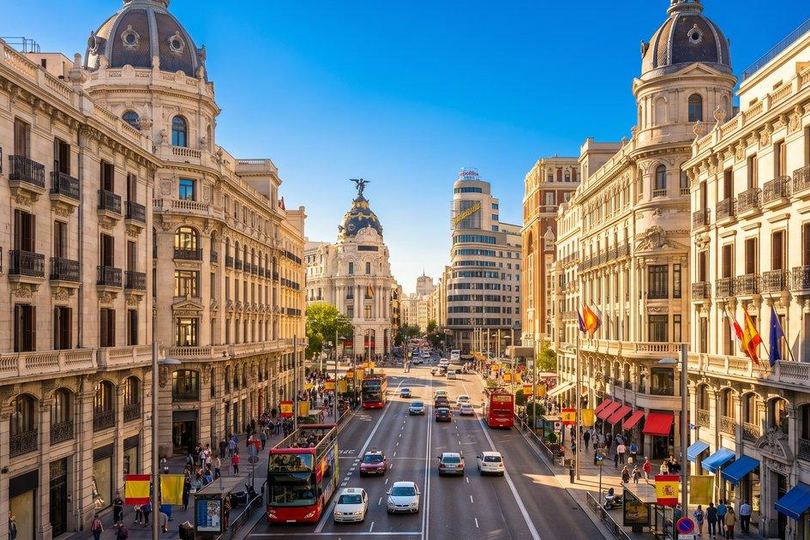 La Gran Vía de Madrid con sus edificios históricos y el tráfico de la avenida, España